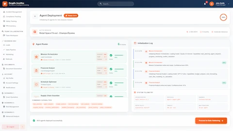 Agent Deployment - 6 AI agents initializing with confidence scores, initialization log showing capabilities, system telemetry with ReAct Pattern v2.1 orchestration.